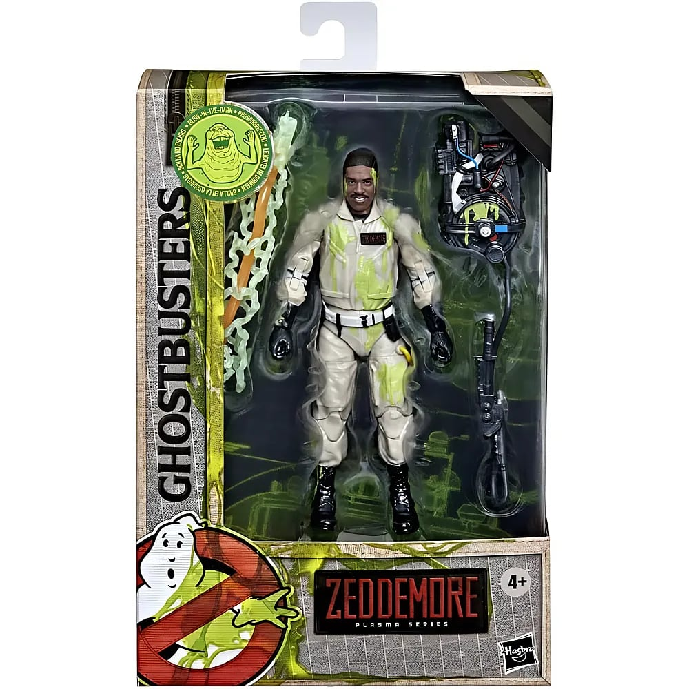 Figura de acción de Ghostbusters Zeddemore en caja, cubierta de baba verde con paquete de protones y accesorios.
