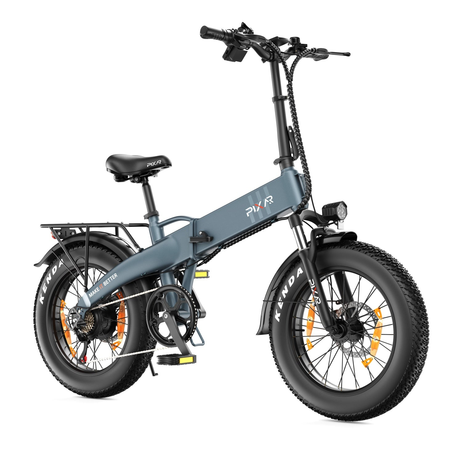 Graues E-Bike mit dicken Reifen, Gepäckträger und Vorderlicht vor weißem Hintergrund.