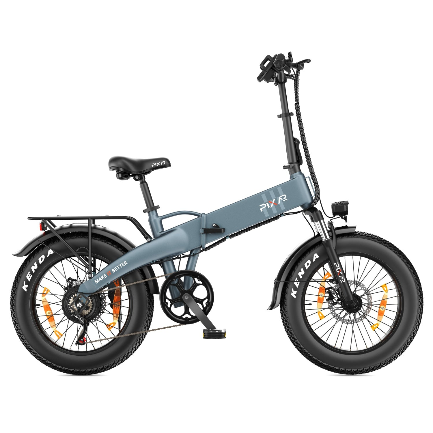 Ein graues Klapp-E-Bike mit dicken Reifen, Gepäckträger und schwarzem Rahmen auf weißem Hintergrund.