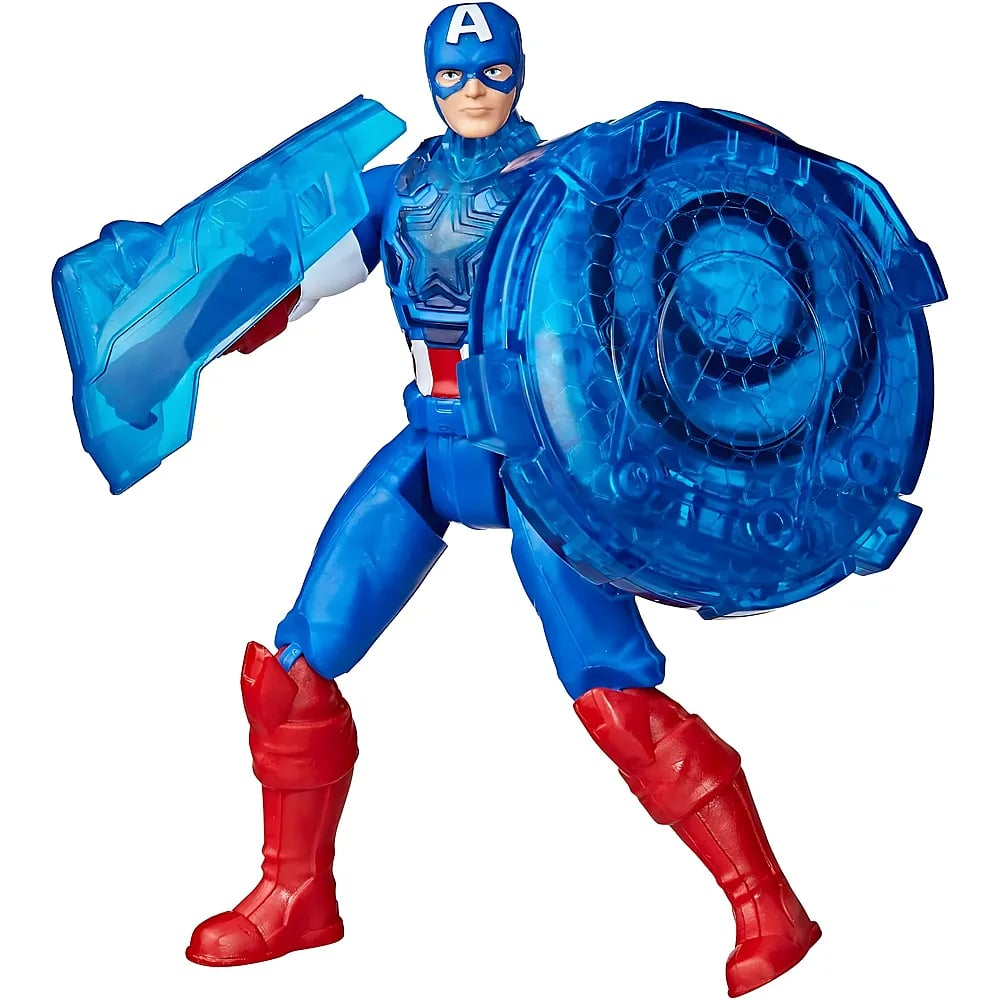 Figura de acción de Capitán América en azul y rojo, con un gran escudo y guantelete translúcidos azules.
