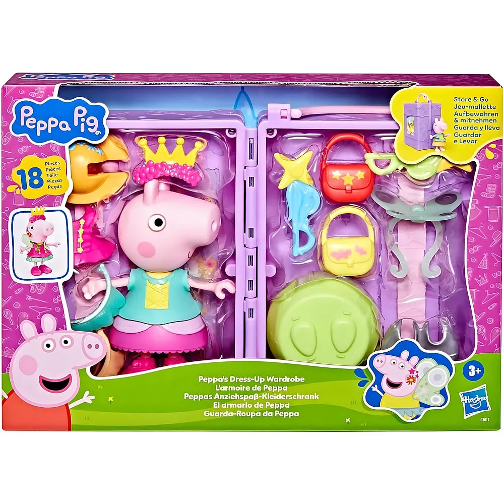 Juego de armario de disfraces de Peppa Pig con figura, vestidos y accesorios en caja morada.