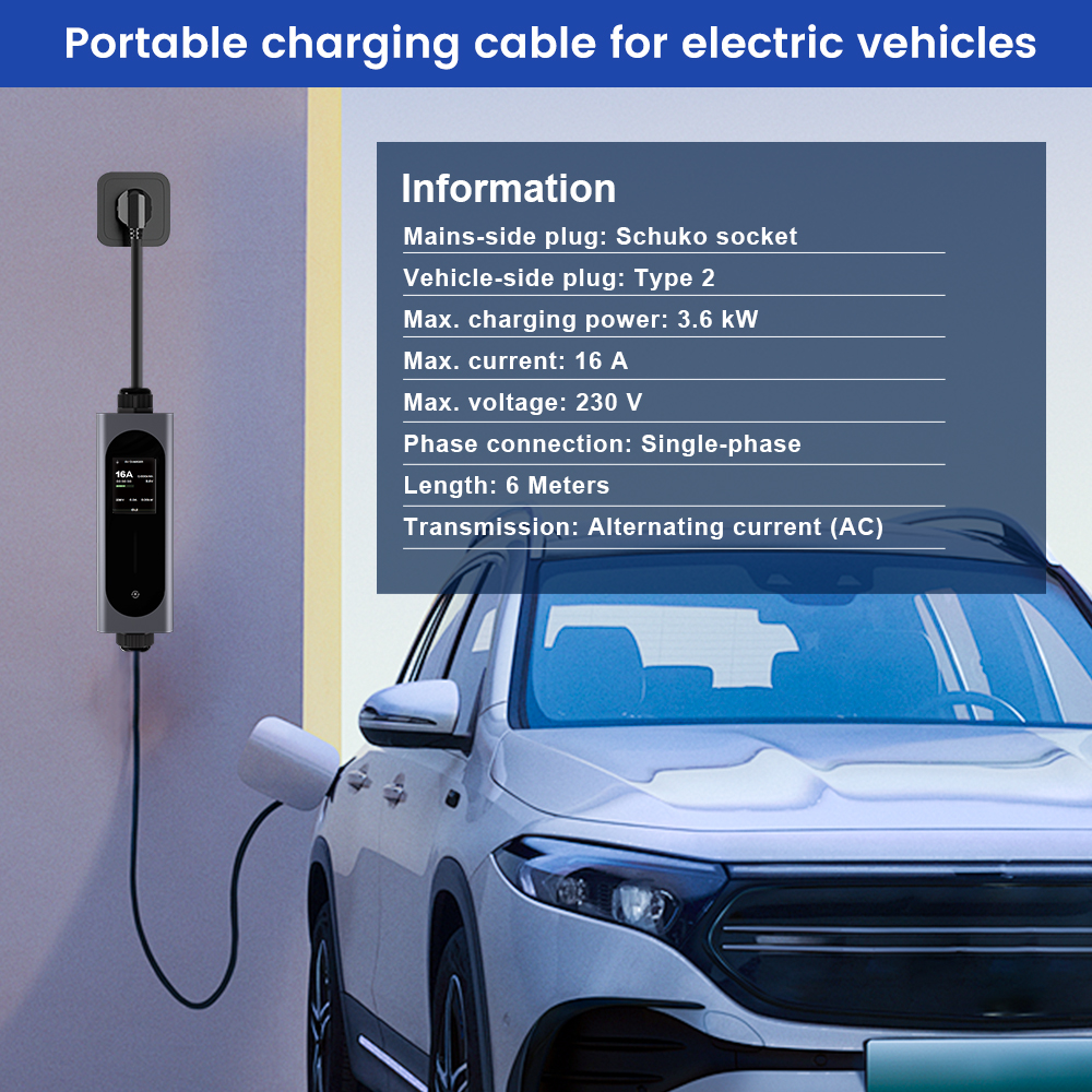 Cavo di ricarica portatile per EV con specifiche e auto elettrica bianca collegata.