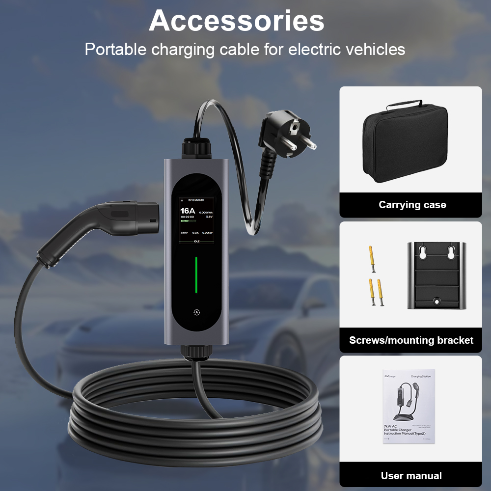 Cavo di ricarica portatile per veicoli elettrici con custodia, staffa e manuale.