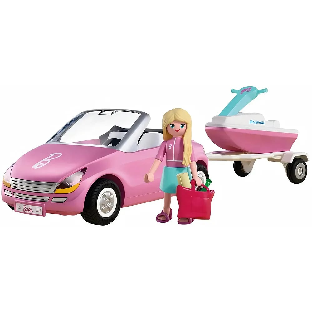 Una figura de acción de Barbie con ropa rosa junto a un coche rosa y un remolque con moto acuática.