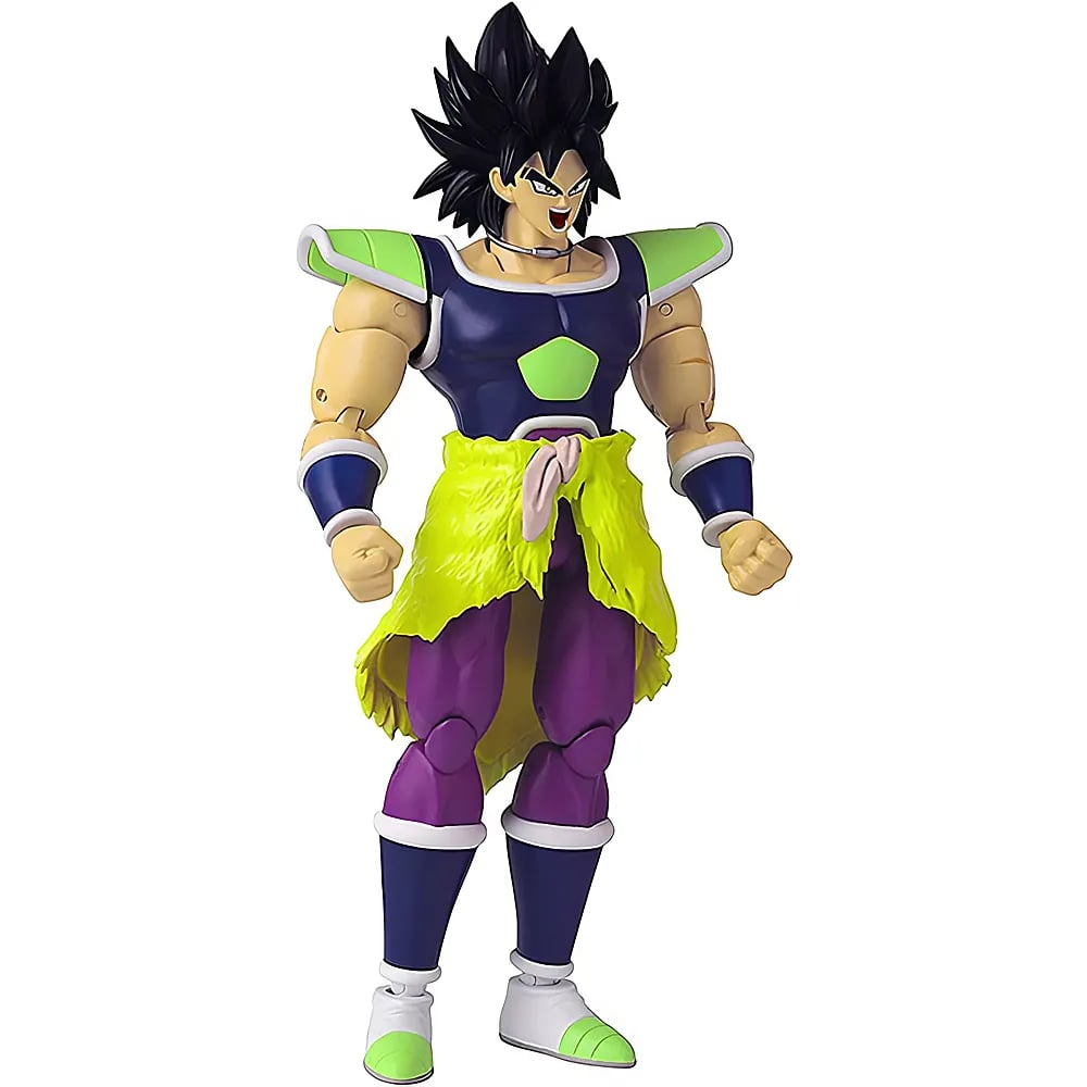 Una figura de acción de Dragon Ball de Broly con armadura verde, cabello negro y pantalones morados sobre fondo blanco.