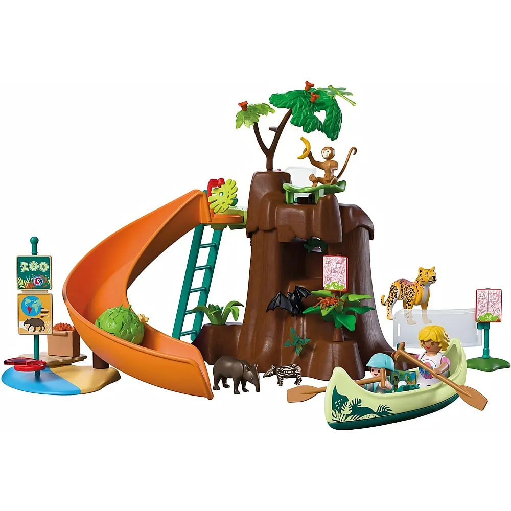 Set de juego Playmobil selva con roca, tobogán, canoa, figuras y varios animales sobre fondo blanco.
