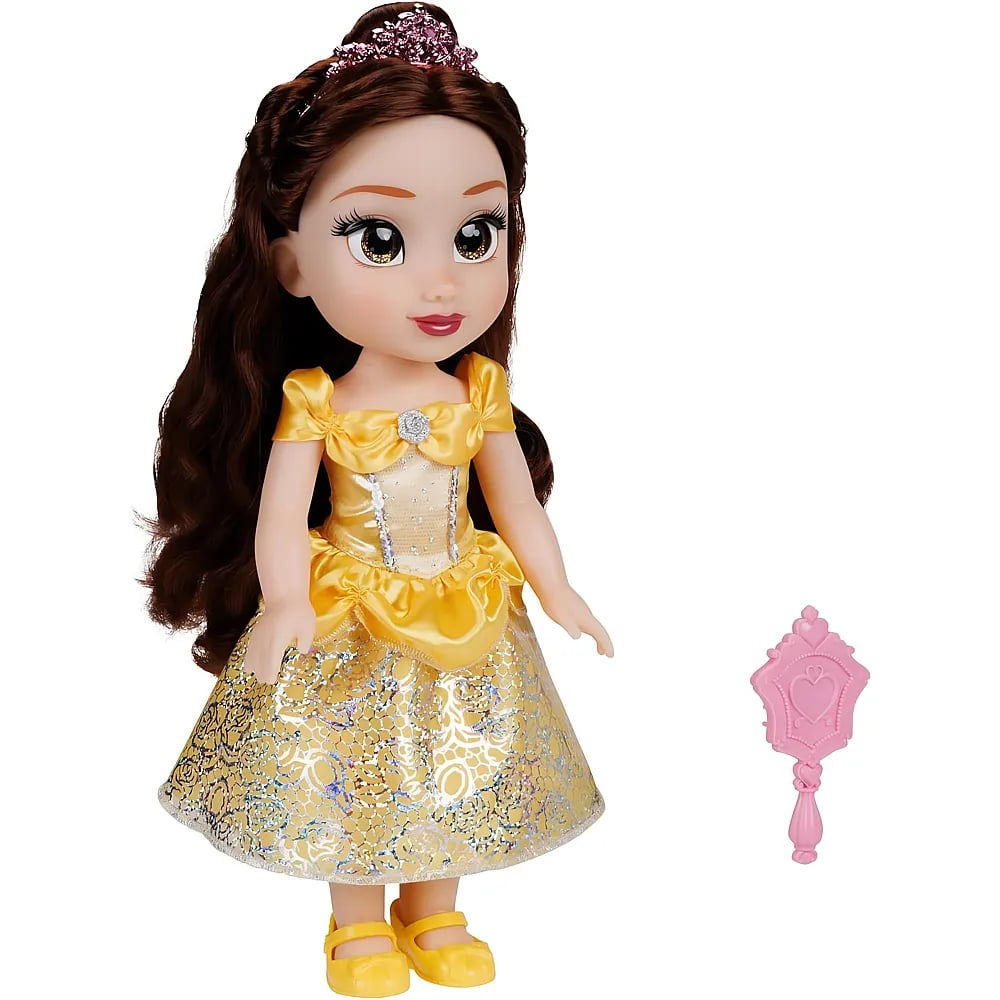 Una muñeca princesa con cabello castaño, vestido amarillo brillante, tiara y un pequeño espejo rosa sobre fondo blanco.