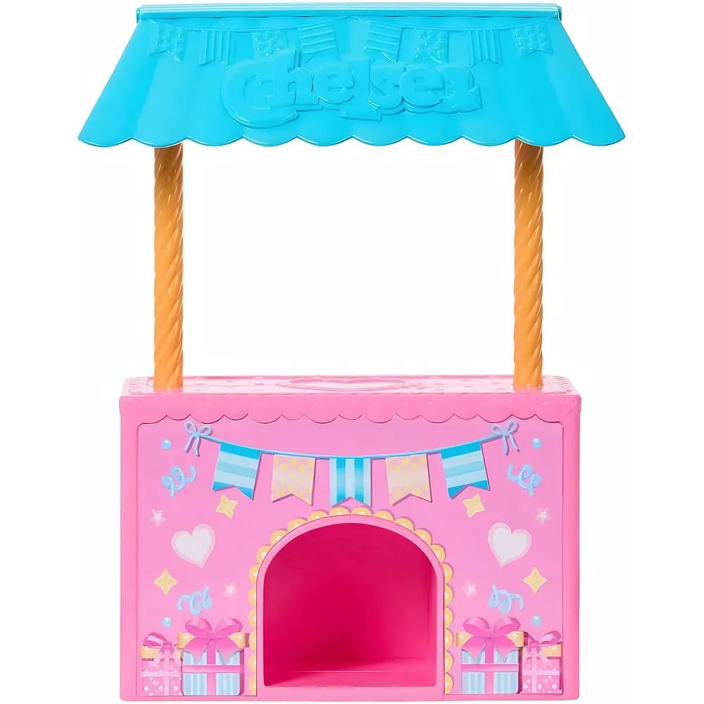 Un quiosco de juguete rosa de Chelsea con techo azul, pilares amarillos y adornos de guirnaldas y regalos.