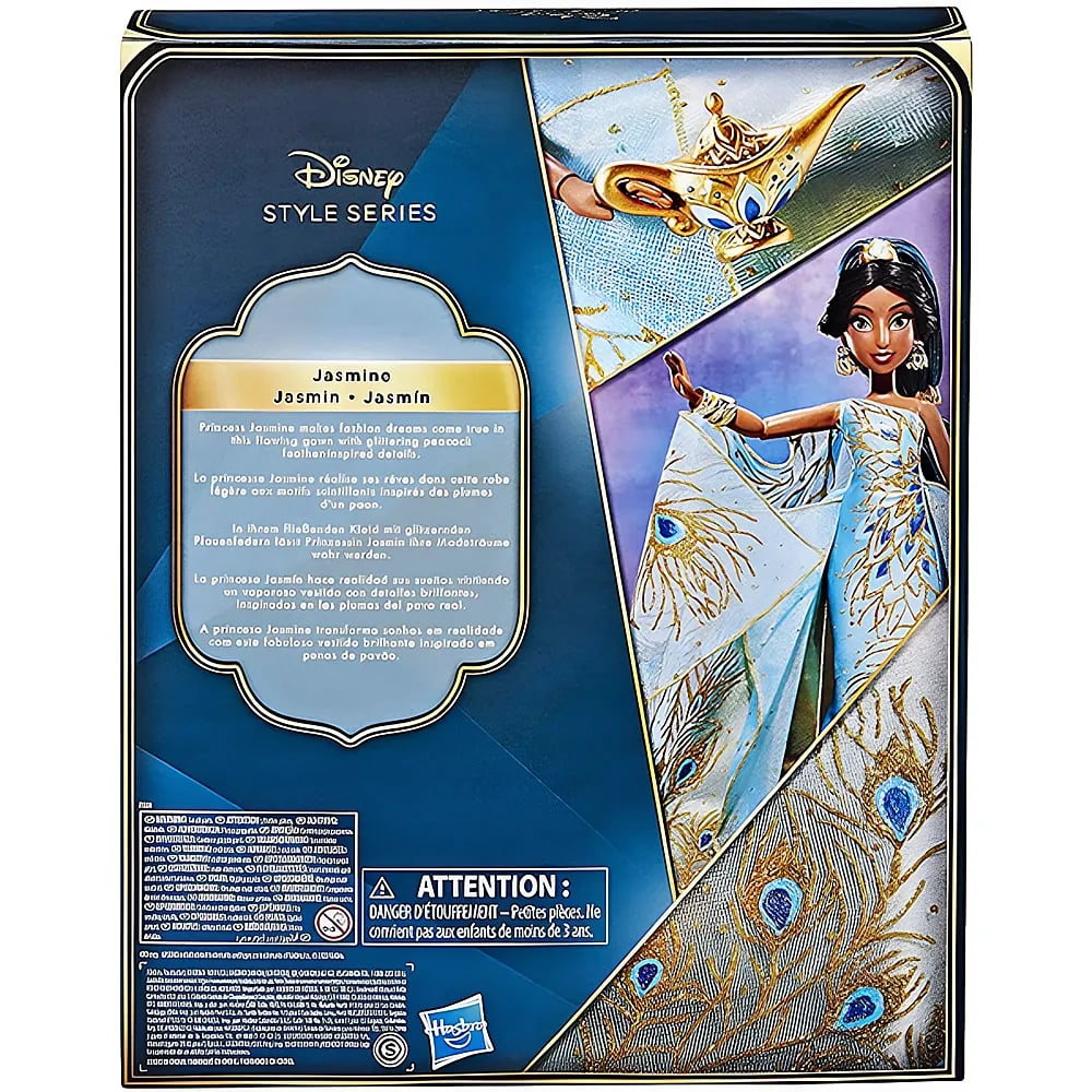 Rückseite einer Disney Style Series Jasmin-Puppenverpackung mit dem Charakter in einem blau-goldenen Pfauenkleid.