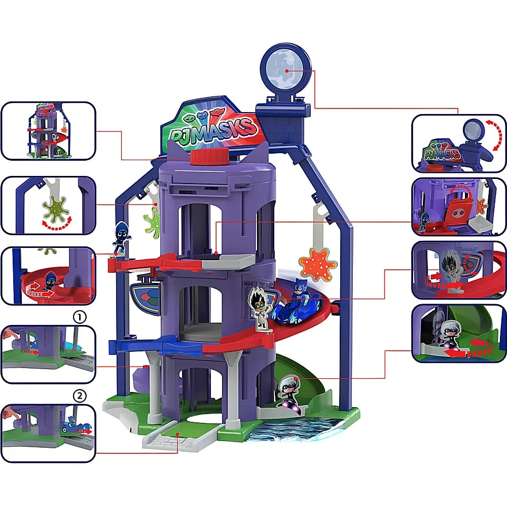 PJ Masks Hauptquartier-Spielset mit Figuren, Rutschen und Seitenbildern, die Funktionen erklären.