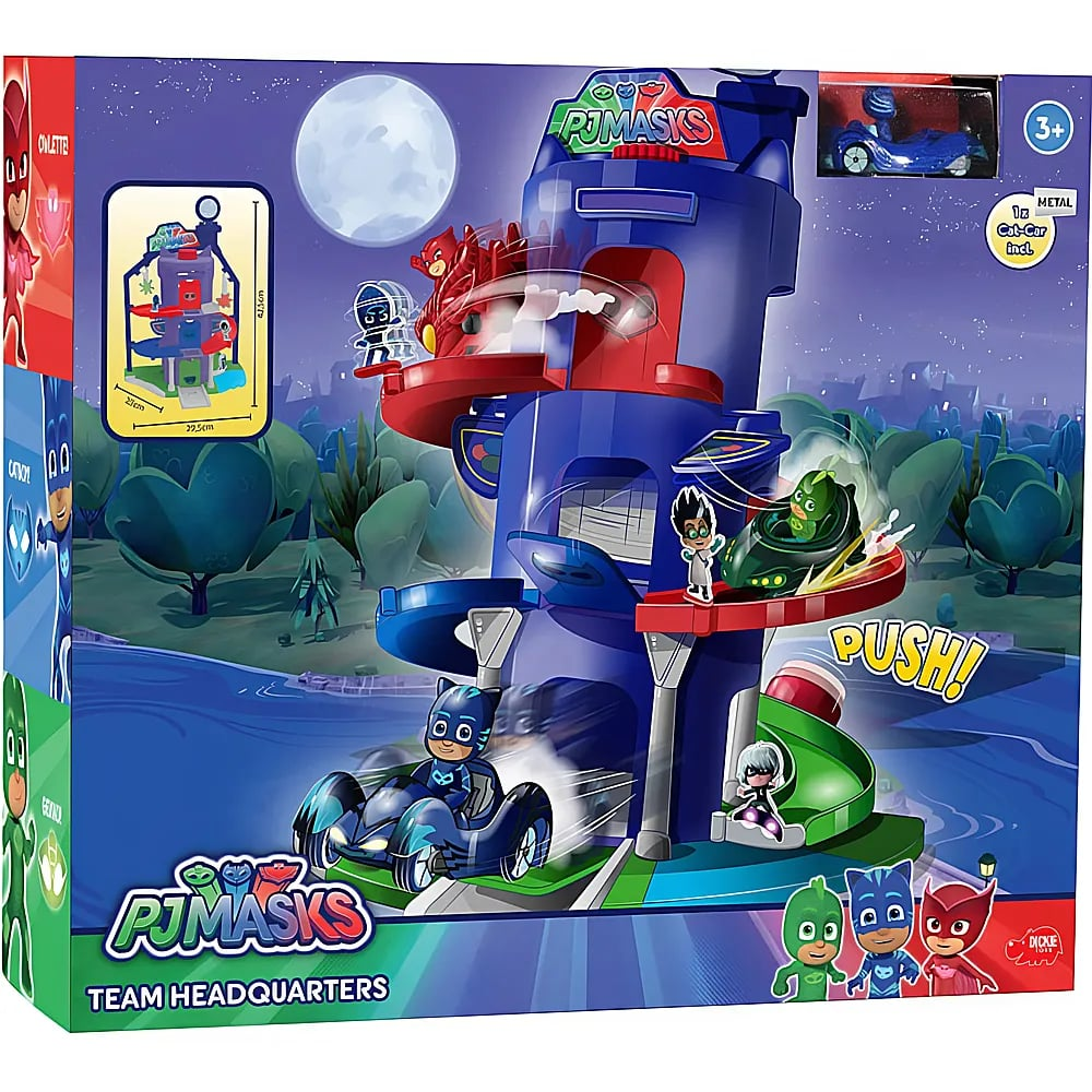 PJ Masks Team-Hauptquartier-Spielset-Verpackung zeigt Spielzeugturm und Figuren bei Nacht.