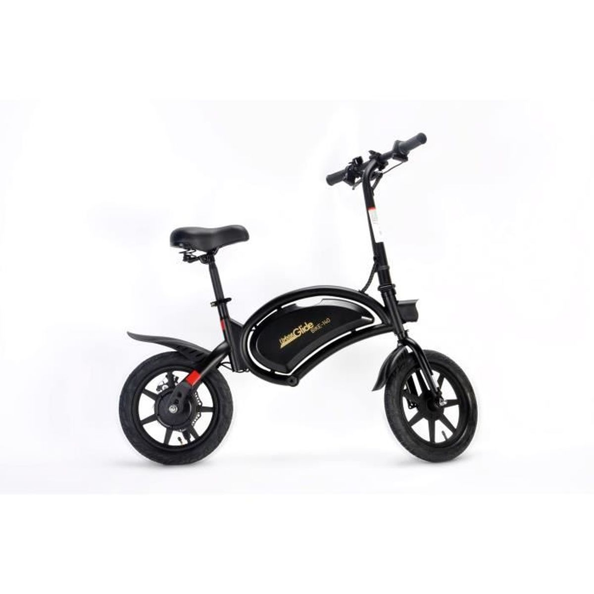 Ein schwarzes Elektrofahrrad mit geschwungenem Rahmen und kleinen Reifen vor weißem Hintergrund.