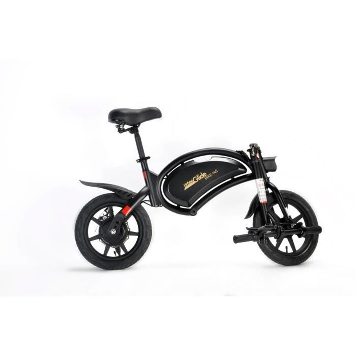 Ein schwarzes UrbanGlide Elektrofahrrad steht vor einem rein weißen Hintergrund.
