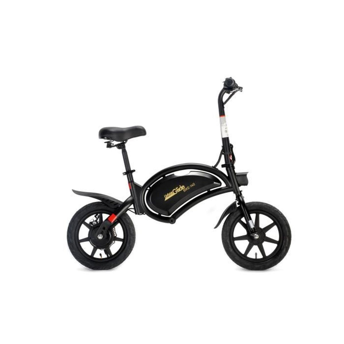 Ein schwarzes Elektrofahrrad mit kleinem Rahmen und Korb auf weißem Hintergrund.