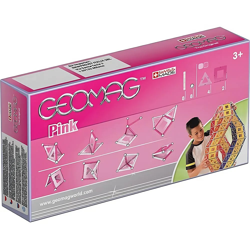Scatola di giocattoli rosa Geomag Pink con illustrazioni di modelli Geomag e un bambino che tiene una costruzione.
