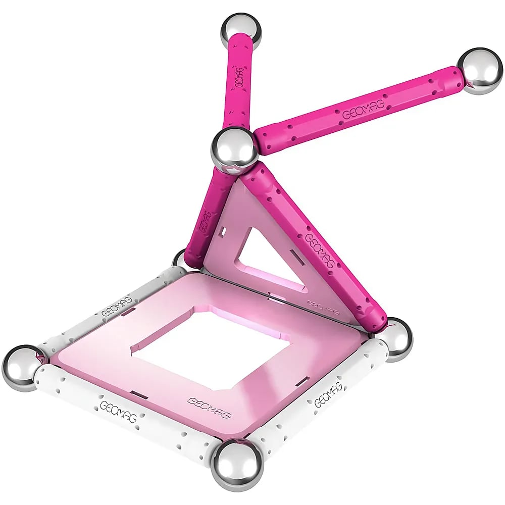 Una struttura di giocattolo magnetico con barre rosa e bianche, sfere d'argento e pannelli rosa.