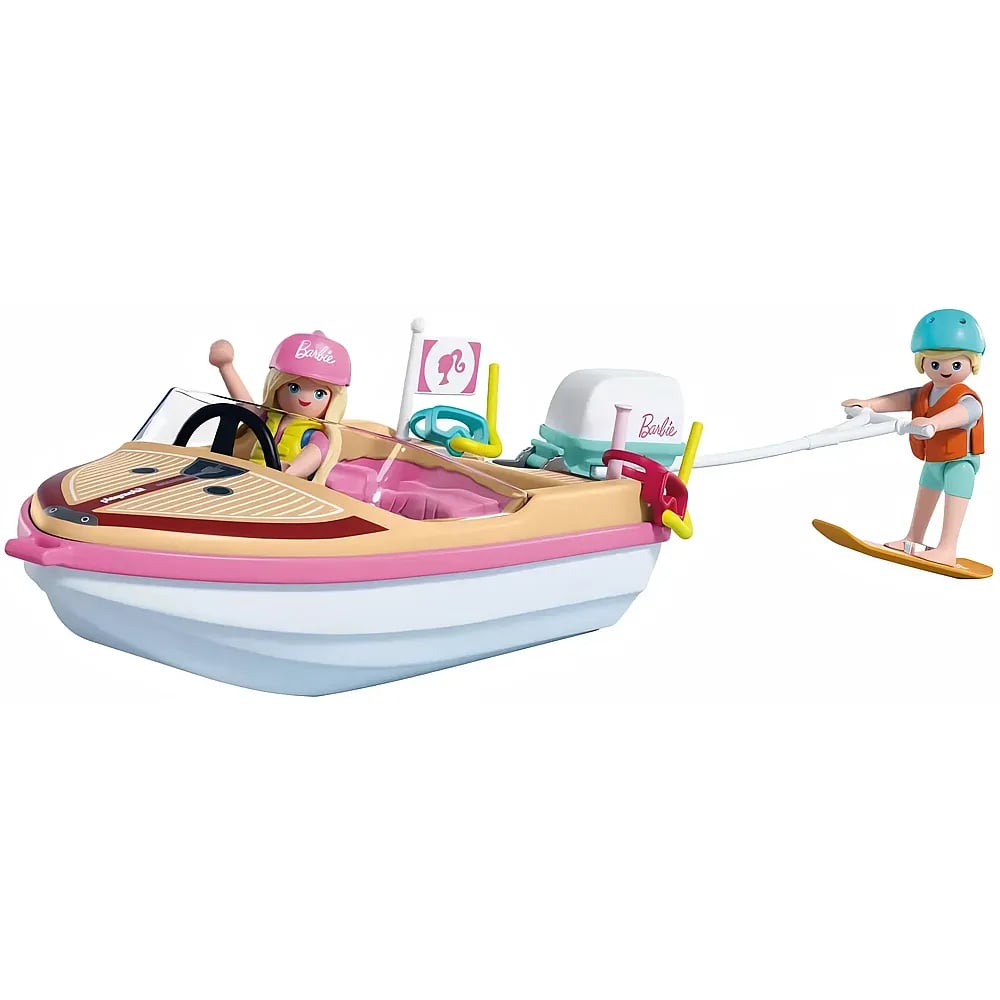 Lancha rápida Playmobil de Barbie con una figura conduciendo y un niño haciendo esquí acuático.