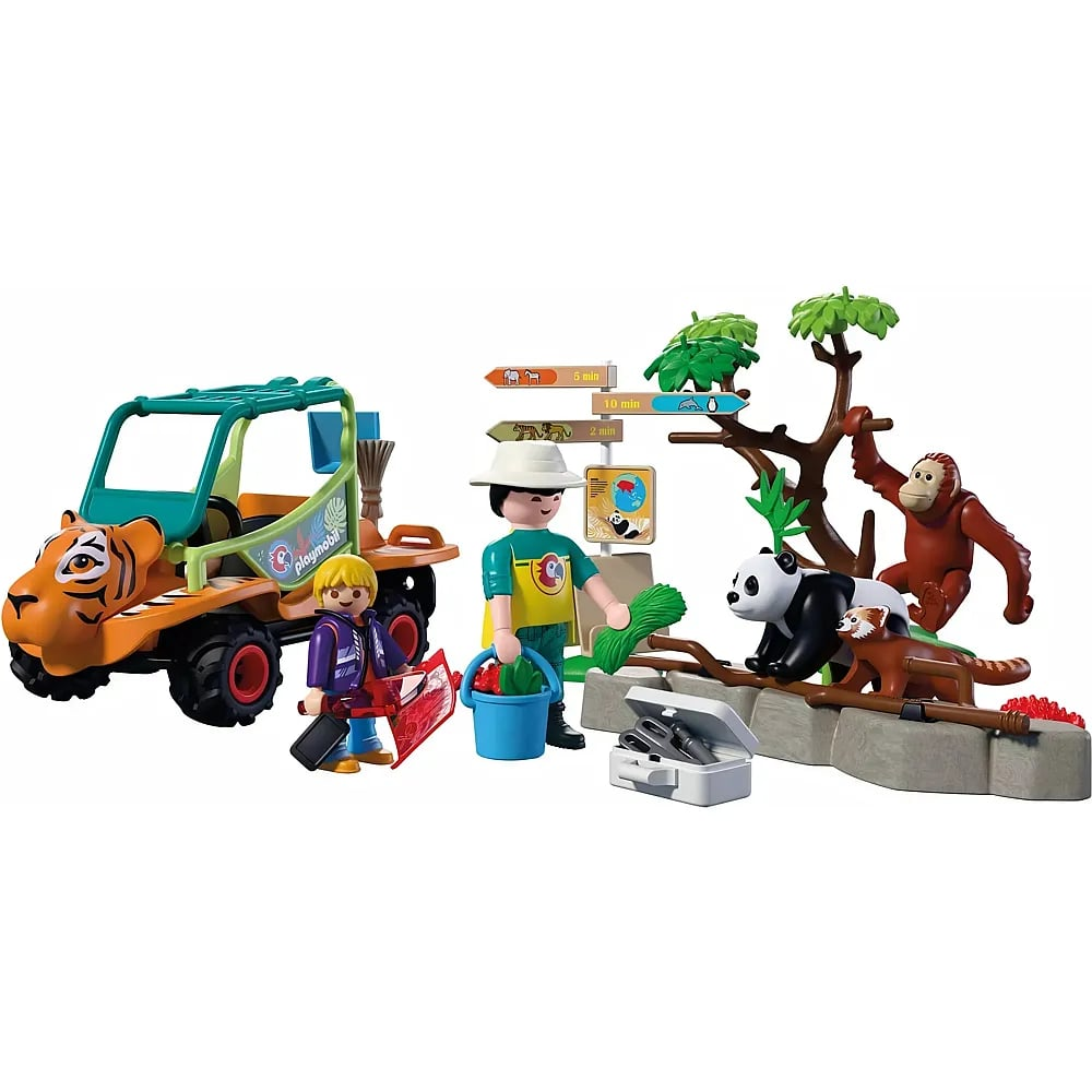 Set de jungla Playmobil con coche tigre, cuidadores, panda, orangután y panda rojo.