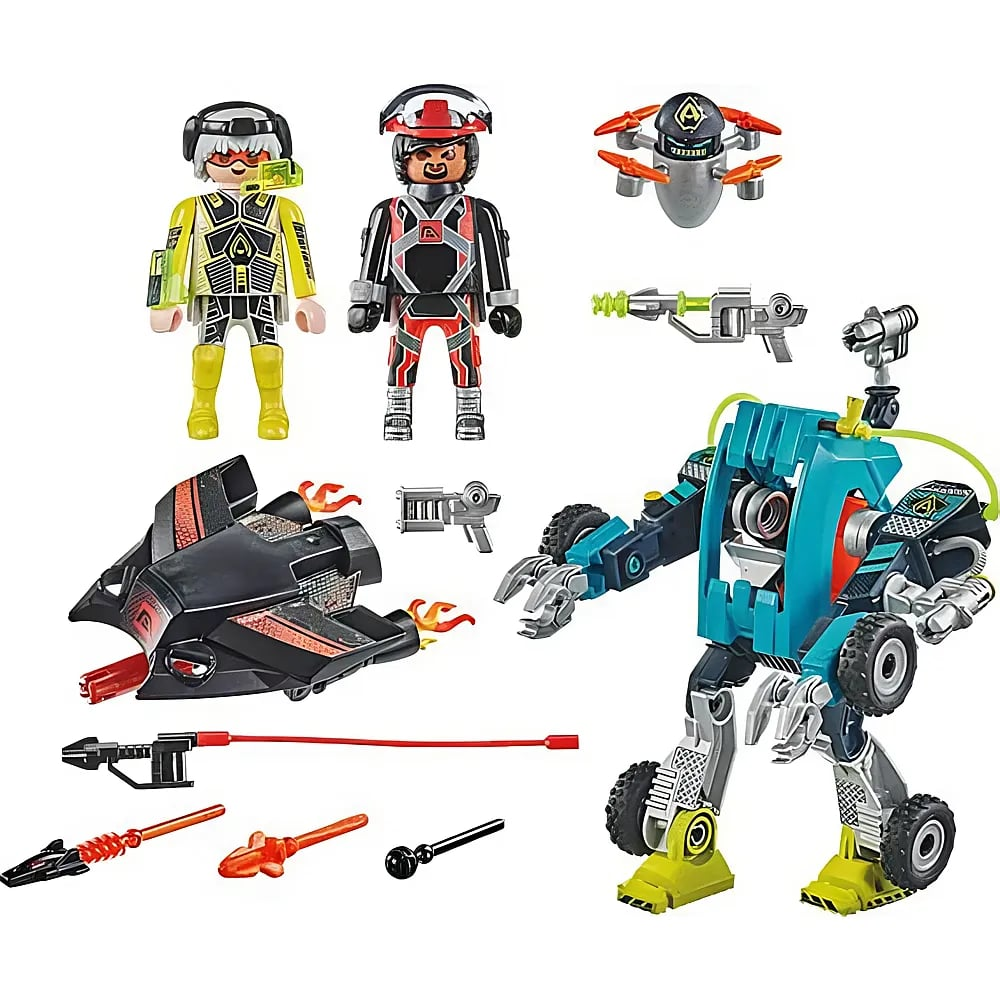 Playmobil Actionset mit zwei Figuren, einem blauen Mech, einer Drohne, einem Gleiter, Waffen und Zubehörteilen.