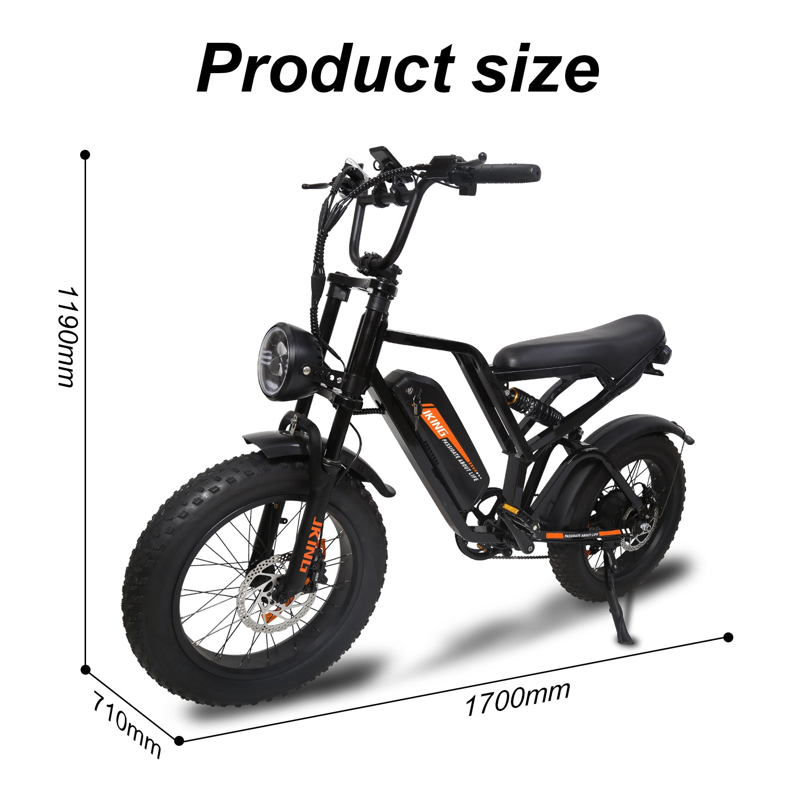 Schwarzes Elektrofahrrad mit dicken Reifen und Abmessungen von 1700mm Länge, 710mm Breite und 1190mm Höhe.