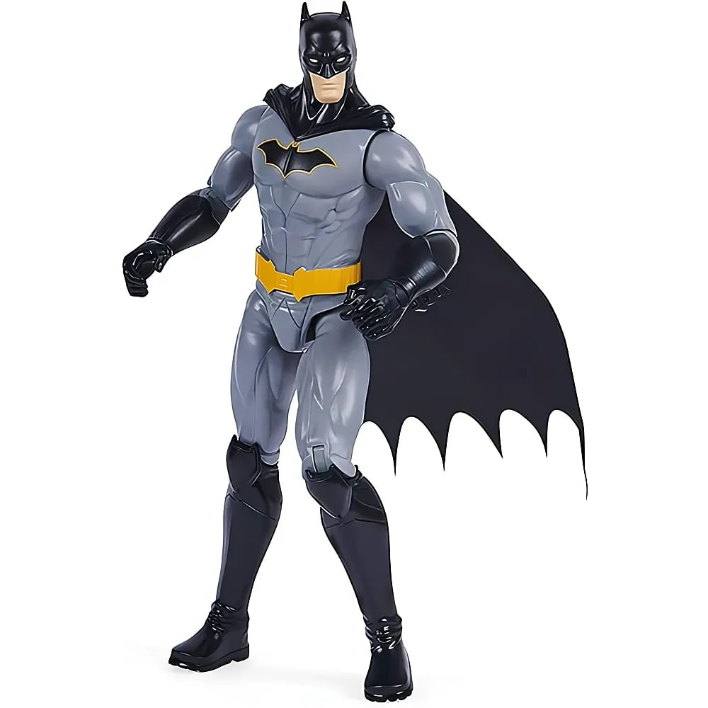 Una figura de acción de Batman en traje gris y negro con cinturón amarillo y capa sobre fondo blanco.