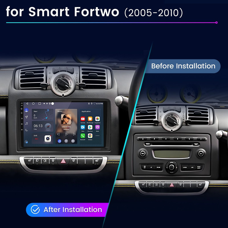 Vergleich des Smart Fortwo-Armaturenbretts vor und nach der Installation eines modernen Touchscreen-Systems.