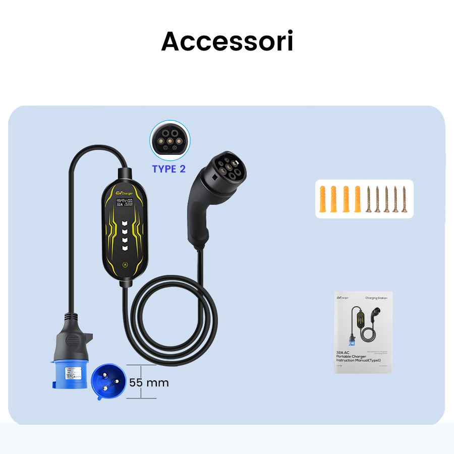 Caricabatterie EV con spina Tipo 2, connettore blu, cavo, viti, tasselli e manuale su sfondo azzurro.