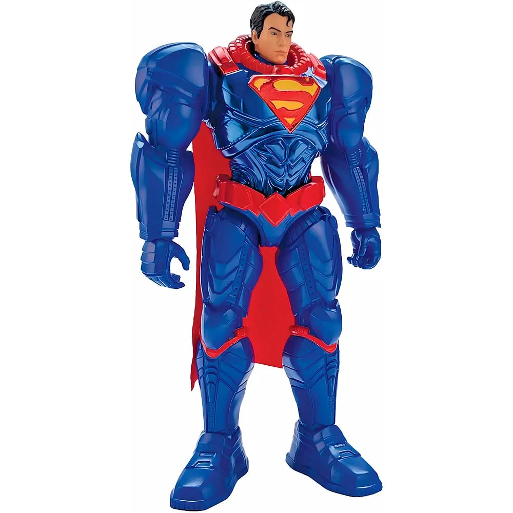 Figura de acción de Superman con armadura azul pesada, detalles rojos, capa roja y el icónico símbolo en el pecho.