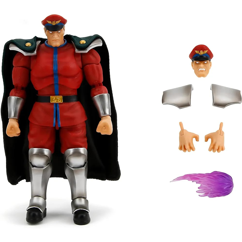 Actionfigur in roter Uniform mit grünem Umhang, Weichteilen und lila Effekt.