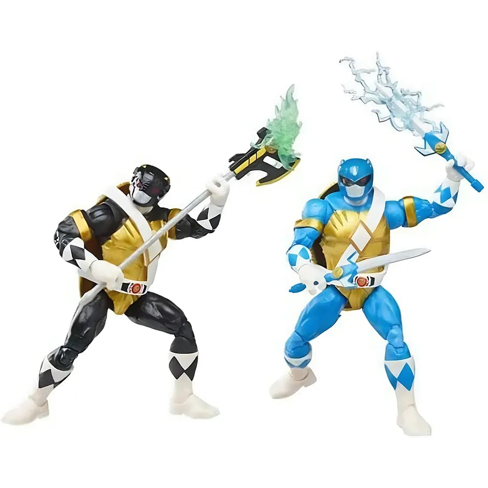 Dos figuras de acción, una negra y dorada con un hacha, la otra azul y dorada con espada y rayo.