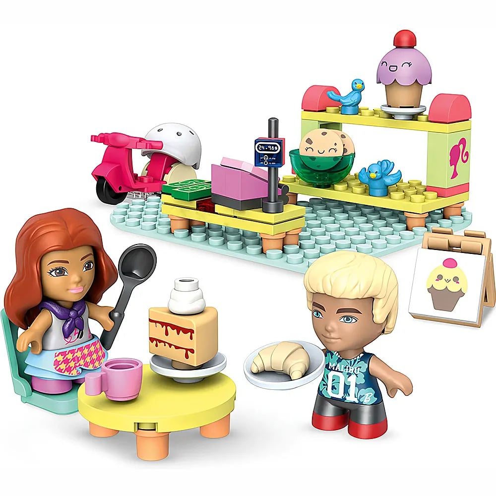 Set Lego con due personaggi, una torta, un bancone da panetteria e un piccolo tavolo.