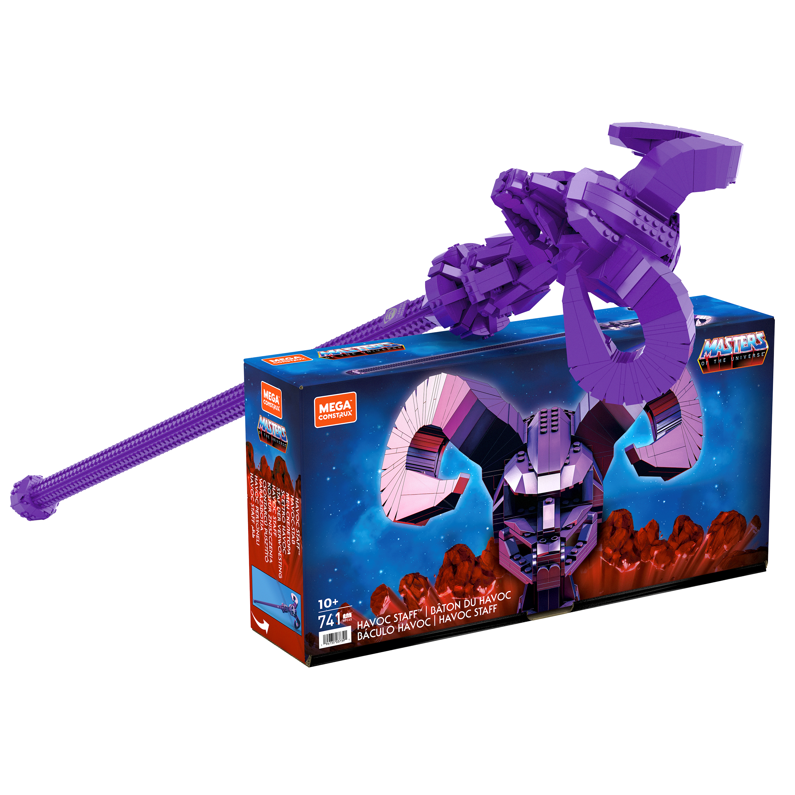 Un bastone Havoc viola di Mega Construx appoggiato sulla sua scatola su sfondo bianco.