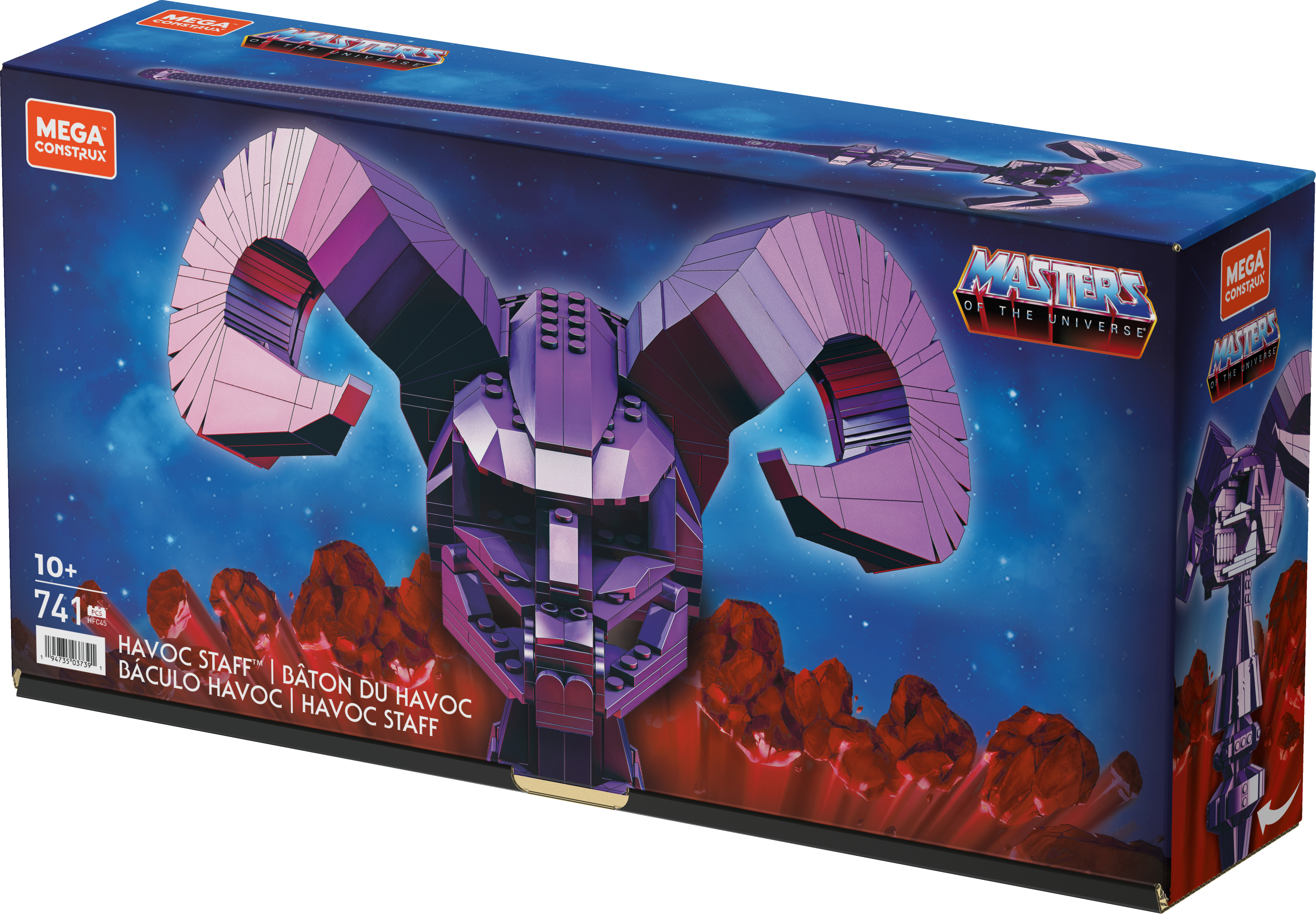 Scatola del set Scettro del Havoc Mega Construx con testa di ariete viola e sfondo spaziale.