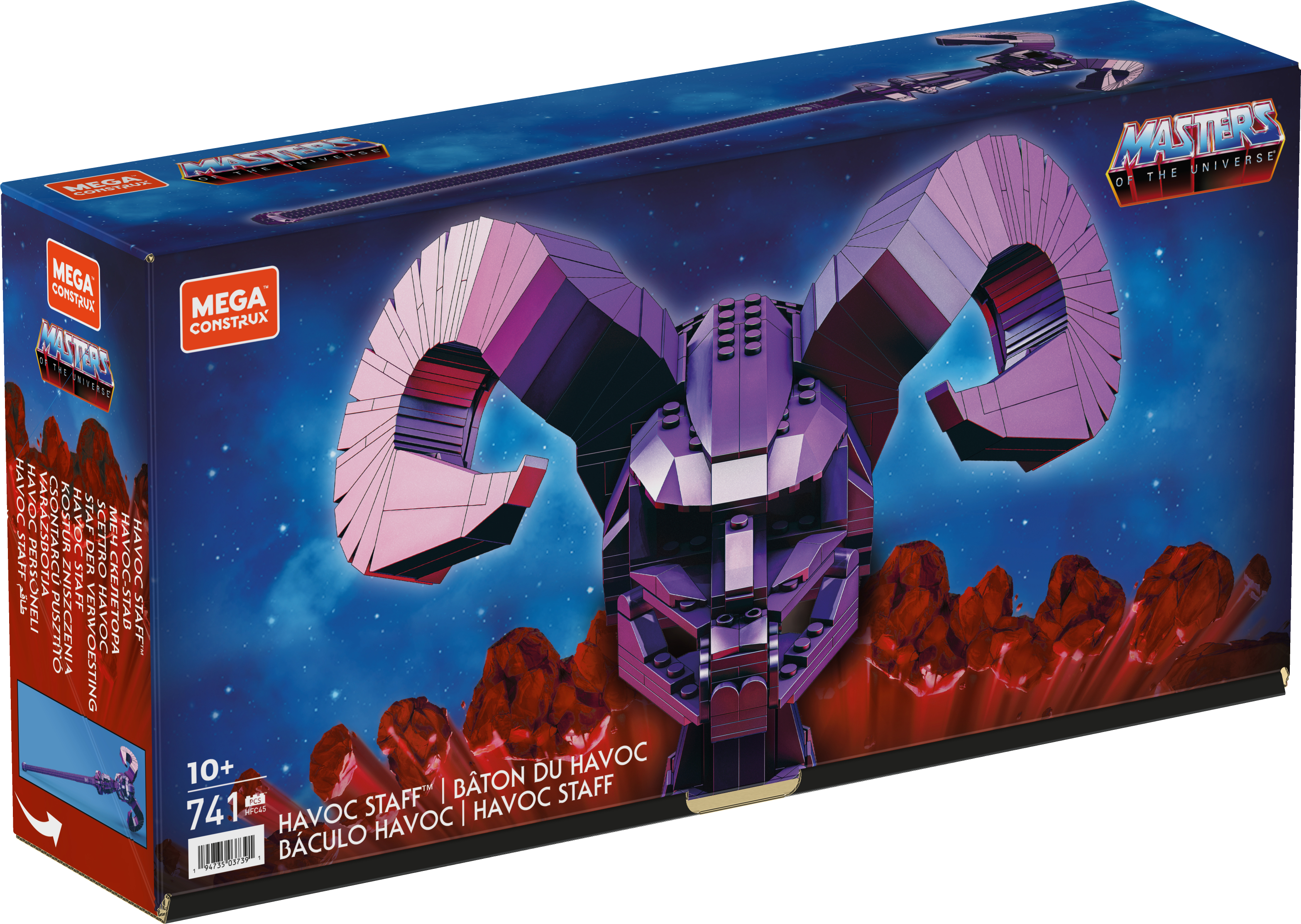Una scatola di Mega Construx Masters of the Universe Havoc Staff con teschio di montone viola.