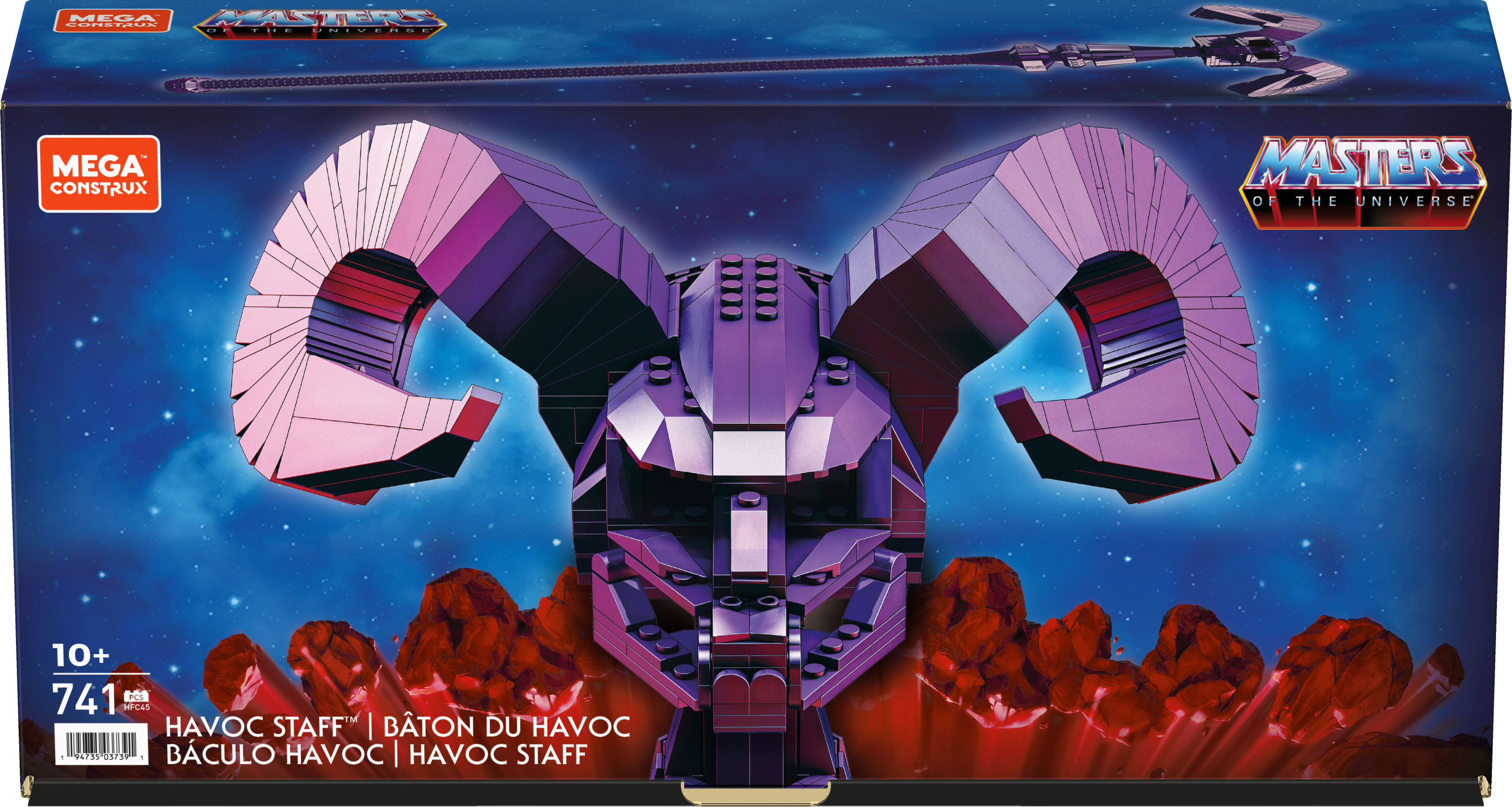 Scatola Lego Masters of the Universe Havoc Staff con teschio di montone viola e sfondo spaziale.