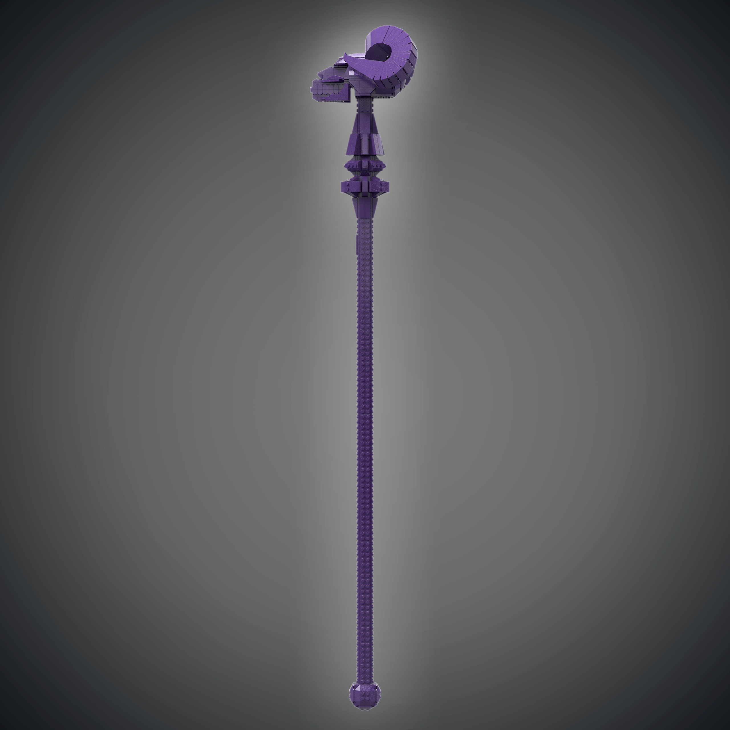 Un lungo bastone viola in Lego sormontato dalla testa ricurva di un ariete su sfondo grigio.