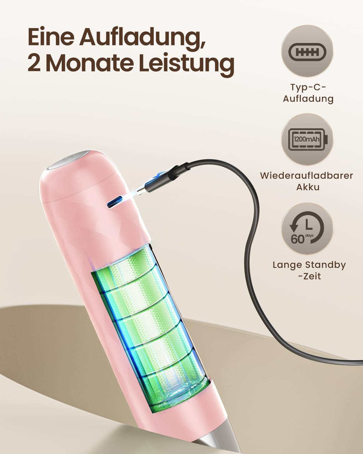 Rosa elektrisches Gerät wird mit einem USB-C-Kabel aufgeladen, mit sichtbarer grüner Batterie und Icons rechts.
