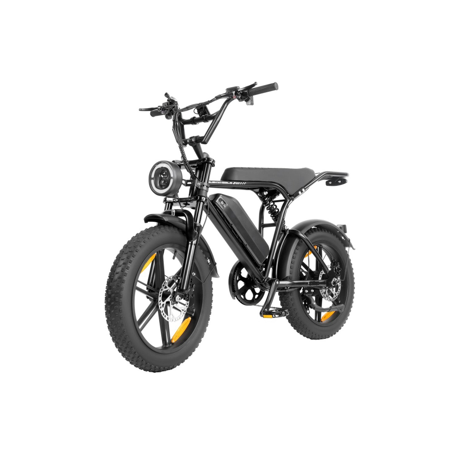 Ein schwarzes Elektrofahrrad mit breiten Reifen, runder Vorderlampe und gefederter Sattelstange auf weim Hintergrund.