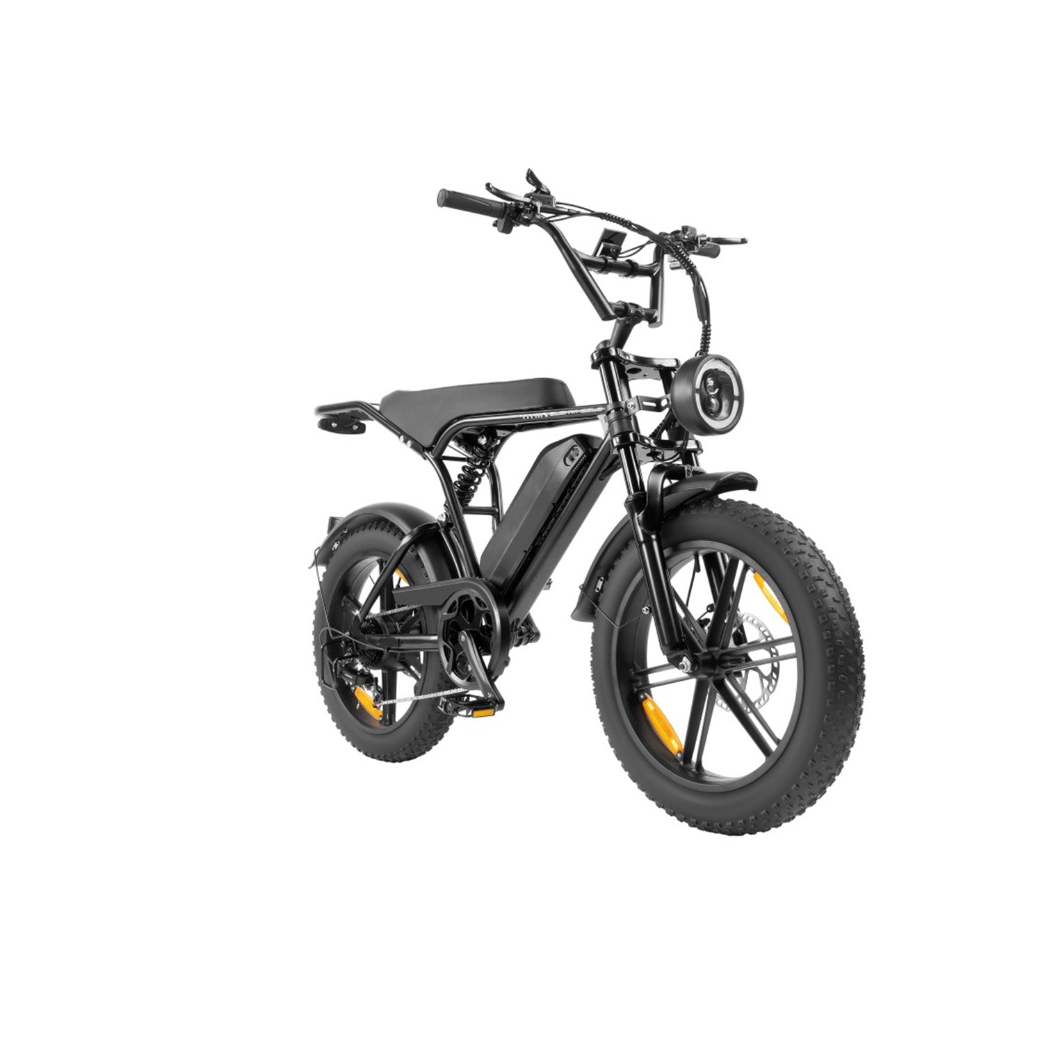 Ein schwarzes Elektrofahrrad mit dicken Reifen, einer runden Vorderleuchte und einem flachen Sitz vor weißem Hintergrund.