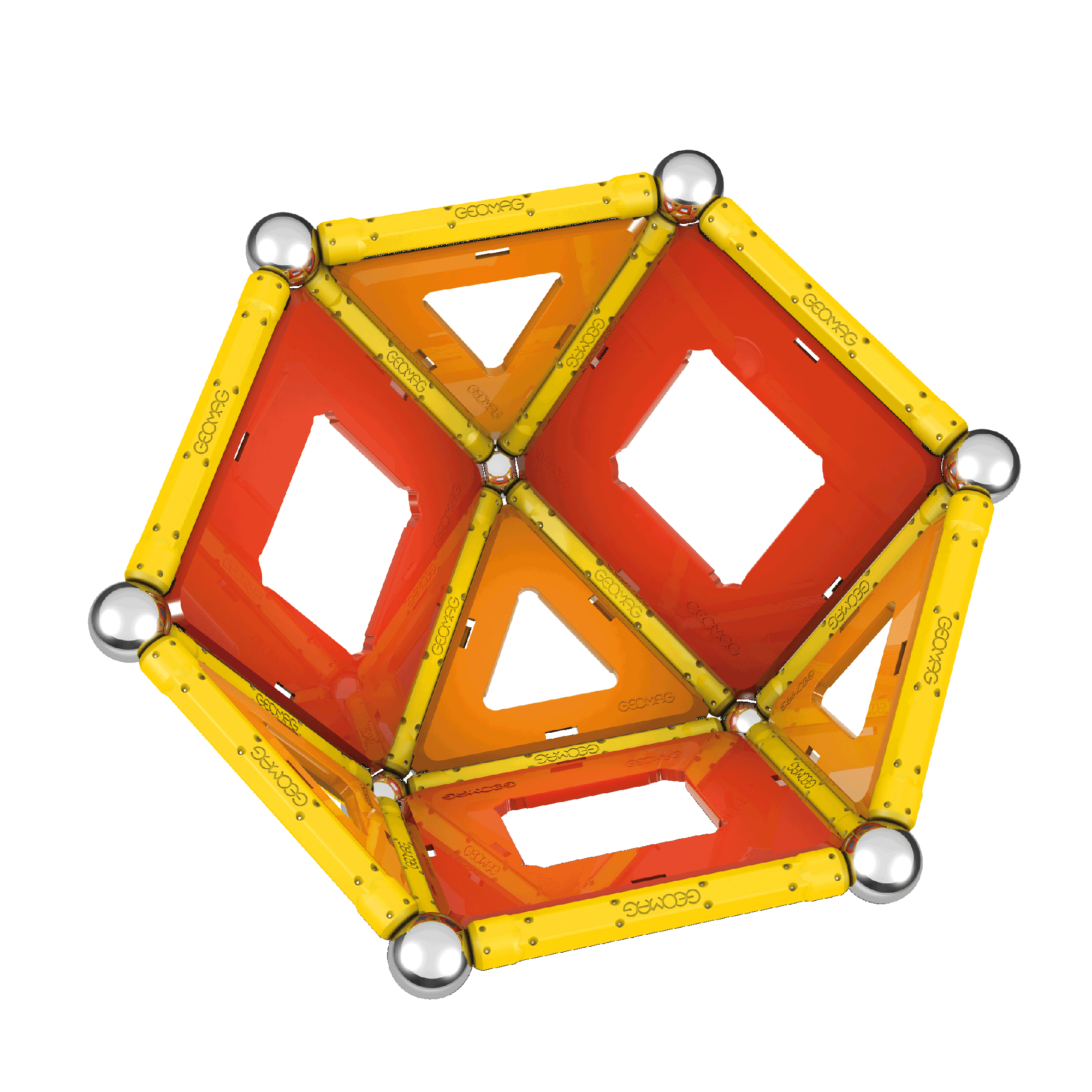 Un giocattolo geometrico 3D costruito con barre gialle, sfere d'argento e pannelli arancioni triangolari e quadrati.