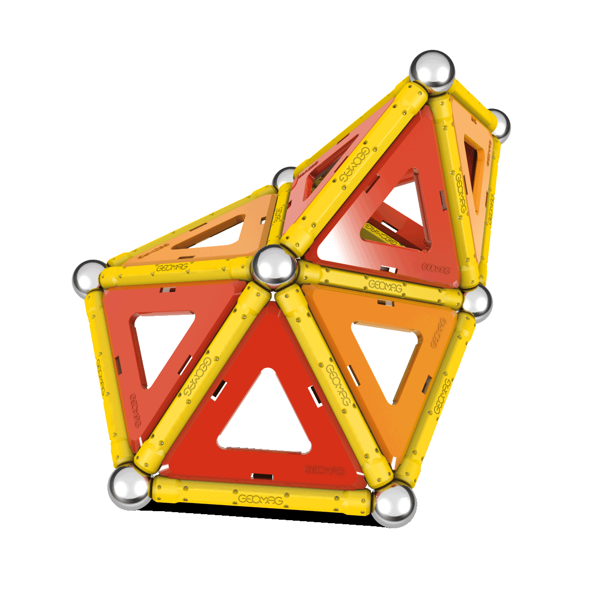 Un gioco geometrico composto da bacchette gialle, sfere d'argento e pannelli triangolari.