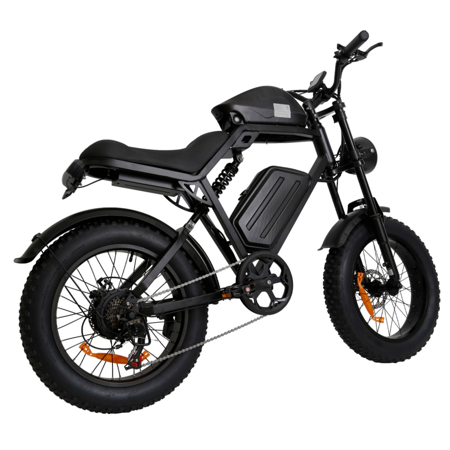 Ein schwarzes Elektromoped mit dicken Reifen, Doppelfederung und Batteriefach am Rahmen, auf weißem Hintergrund.