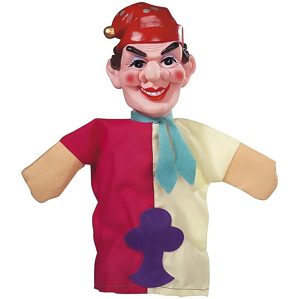 Una marioneta de mano de bufón con gorro rojo, cara sonriente, bufanda azul y camisa roja y amarilla con trébol morado.
