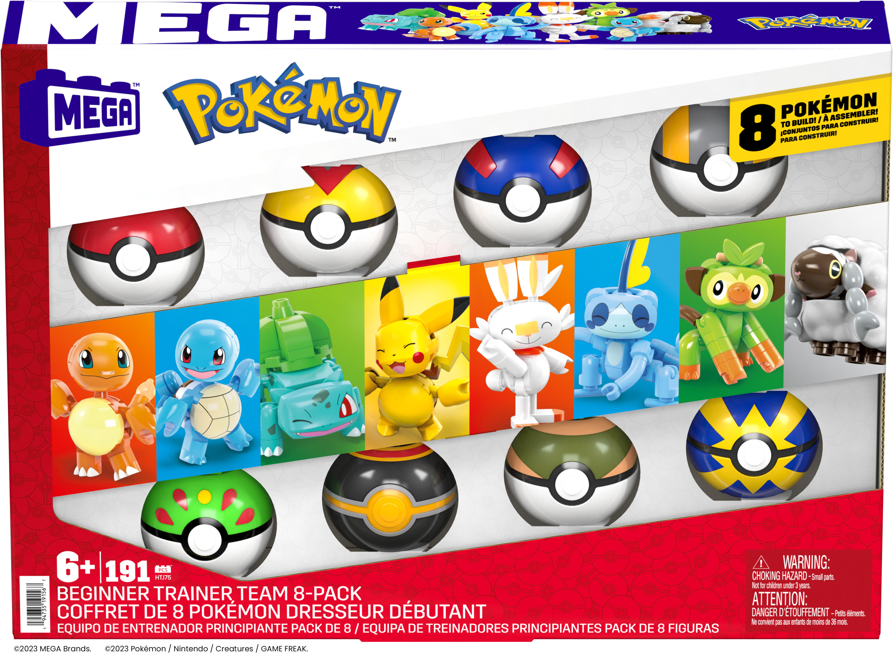 Mega Pokémon Beginner Trainer Team 8-Pack Spielzeugverpackung mit Baufiguren und Pokébällen.