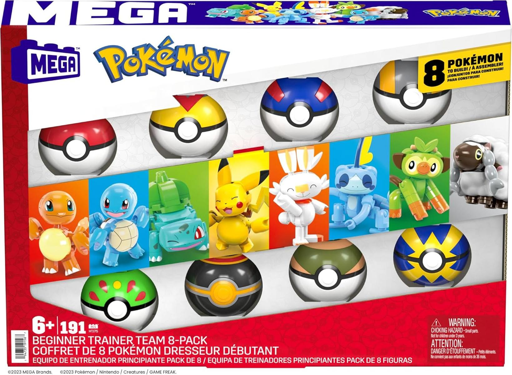 Mega Pokémon Anfänger-Trainer-Team 8er-Pack Box mit baubaren Figuren und Pokébalis.