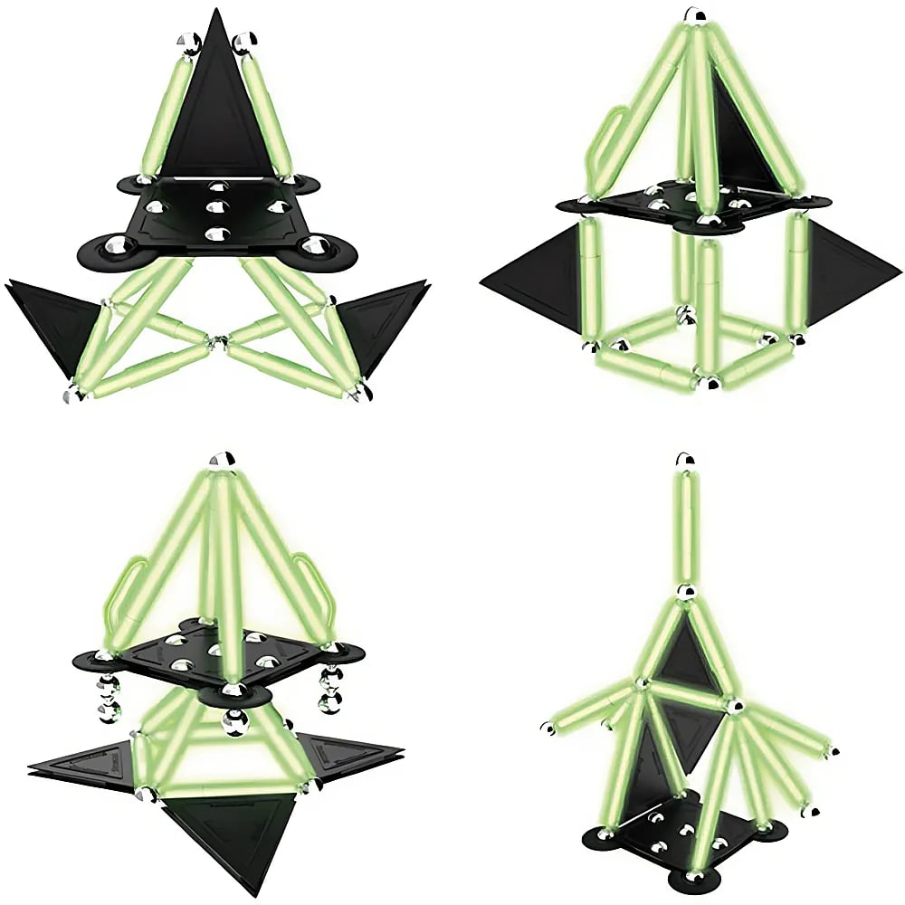 Quattro strutture geometriche fatte di bastoncini magnetici verdi luminosi e pannelli neri su sfondo bianco.