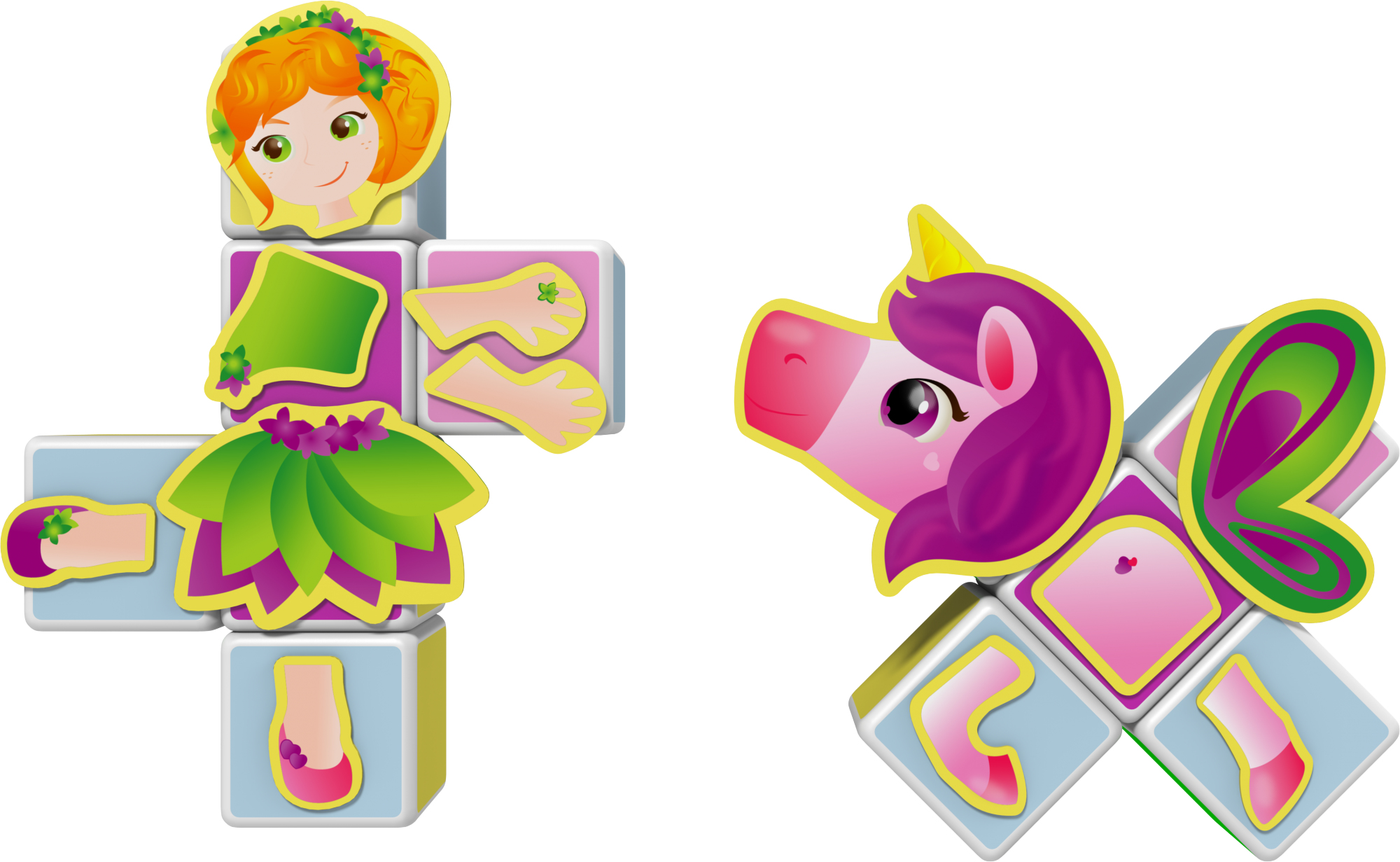 Gioco di cubi con una fata e un unicorno su sfondo bianco.