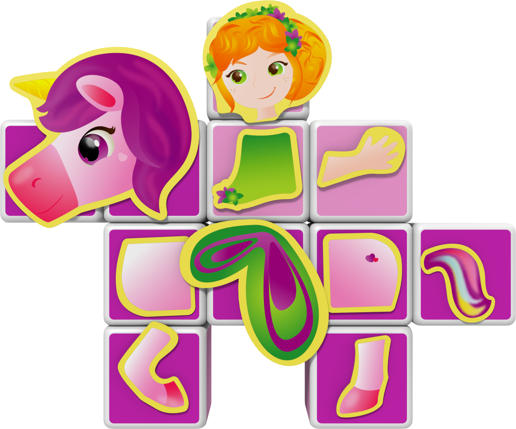 Piastrelle incorniciate con parti colorate di unicorno e ragazza.