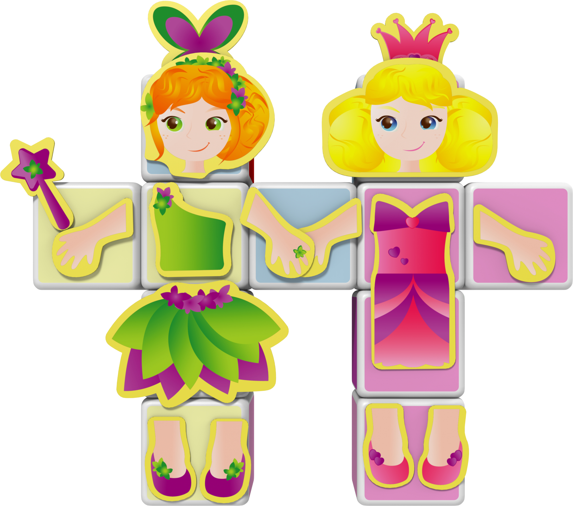 Due personaggi di cartoni animati fatti con blocchi di puzzle cubici che raffigurano principesse fate.