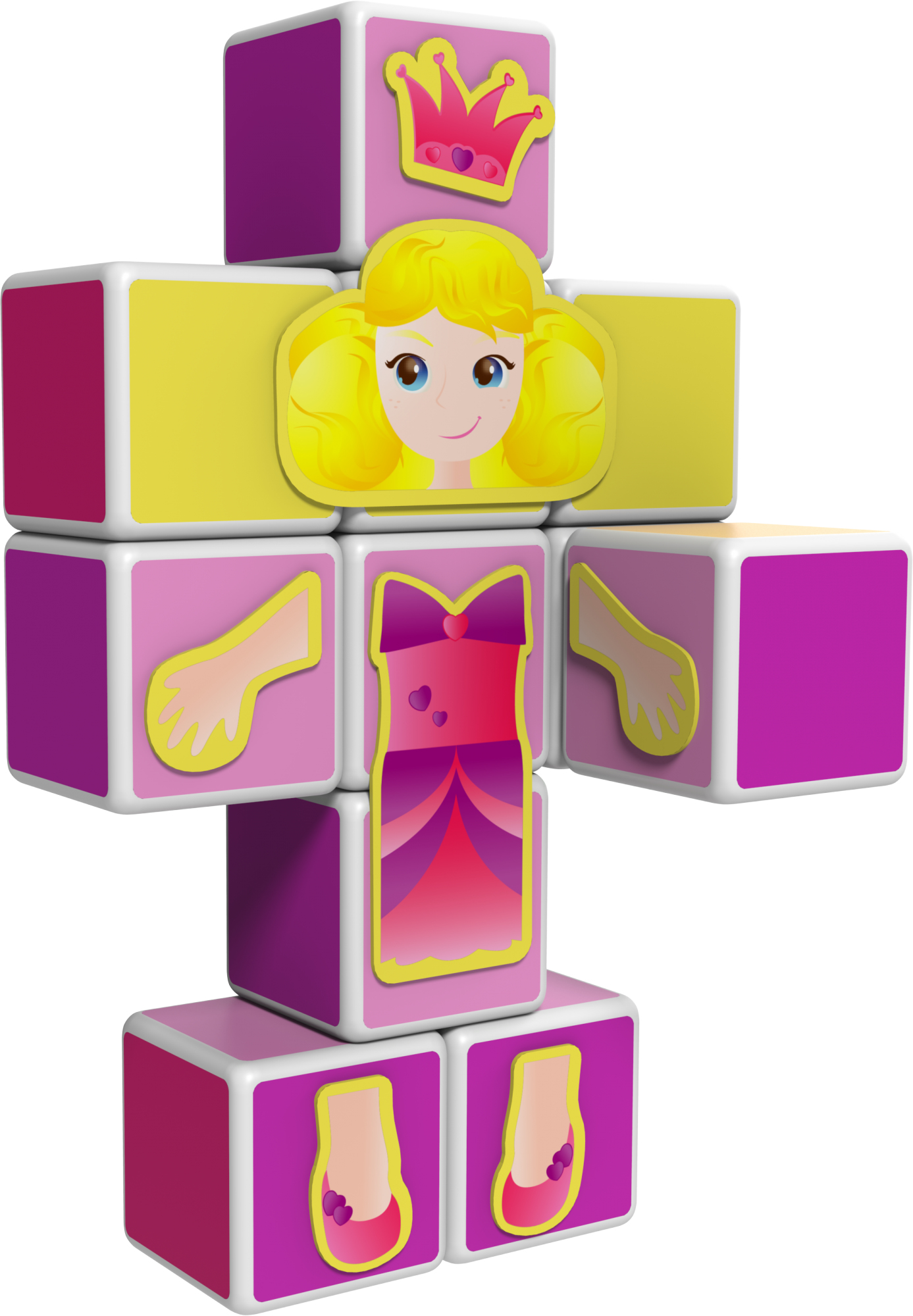 Blocchi magnetici formano una principessa con corona, vestito e braccia.